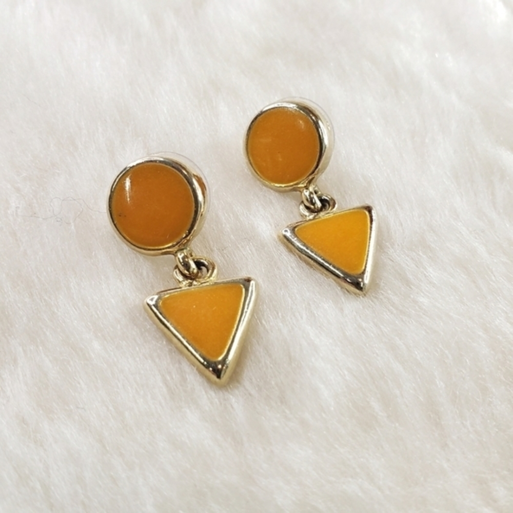 VINTAGE Geometric Circle Triangle Mustard Yellow Stud Drop Earrings